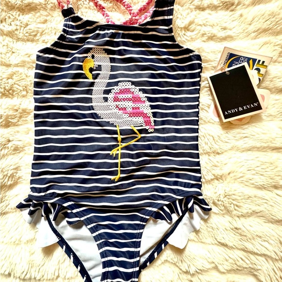 Andy & Evan NWT Sz 5 Kids Navy & White stripes with pink Flamingo Swimsuit - Picture 5 of 7